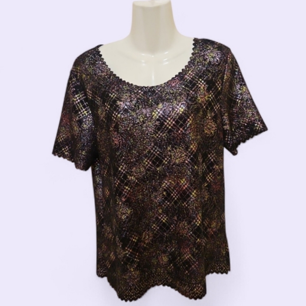 Chances R TOP COLORFUL stretchy Short sleeve Formal Wear Med Purple Gold Pink